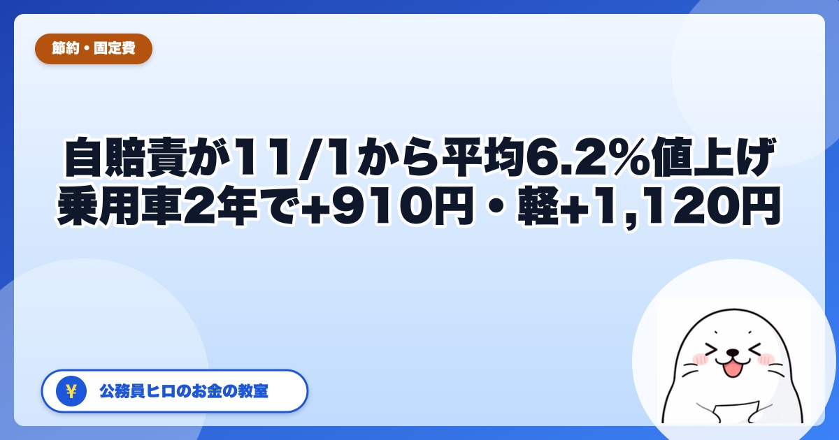 自賠責保険料が2026年11月1日から平均6.2%値上げ｜乗用車は2年で910円、軽は1,120円上がる。車検が11月以降の人の確認ポイント